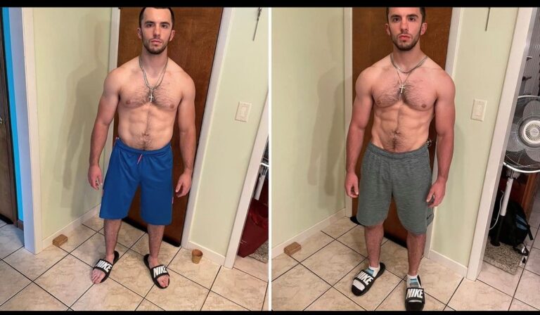 Picture of me at 185 pounds on the left vs 180 pounds on the right after a 72 hour fast