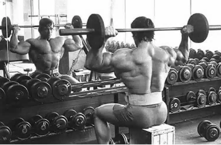 arnold performing behind neck press.